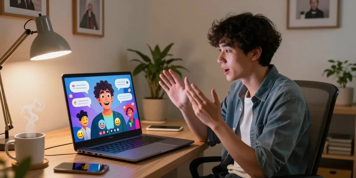Dynamic user engaging in character AI NSFW chat on laptop in cozy home office.