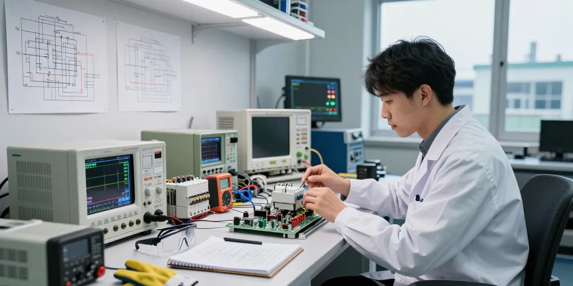 Testing a DC circuit breaker in a high-tech electronics lab with engineers and equipment.