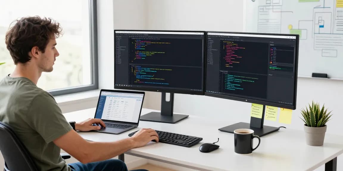 Dynamic developer workspace illustrating the open claw skill concept with coding and AI interfaces.