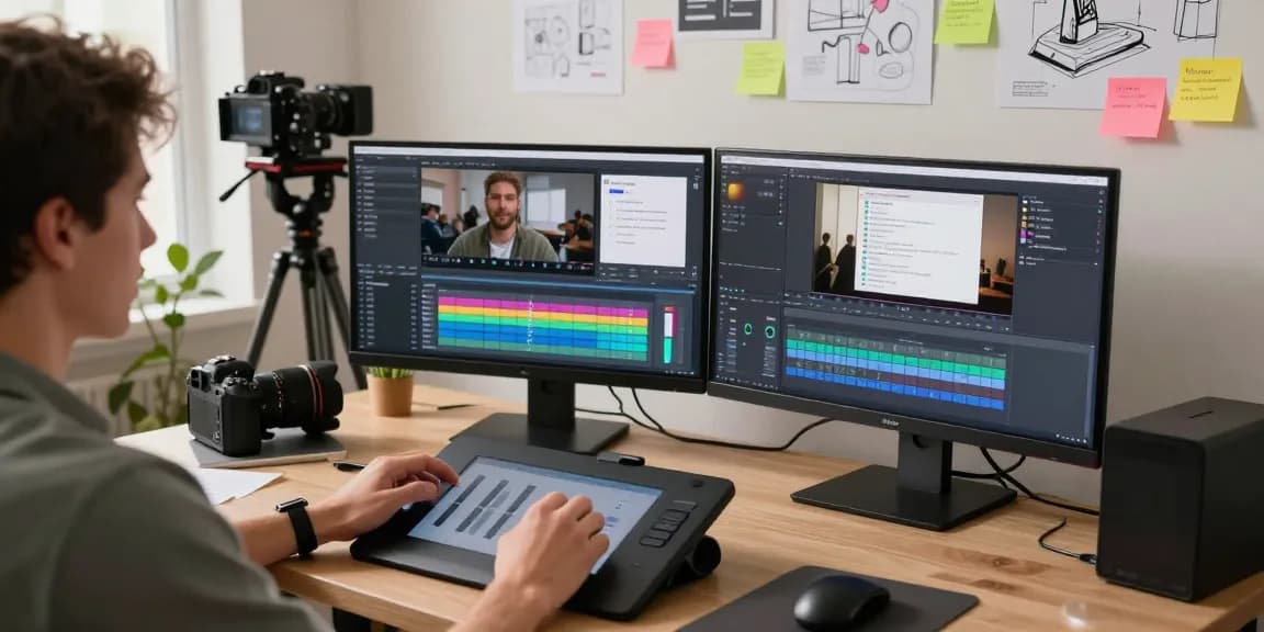 Creating an ai video prompt in a dynamic video production studio with multiple monitors.