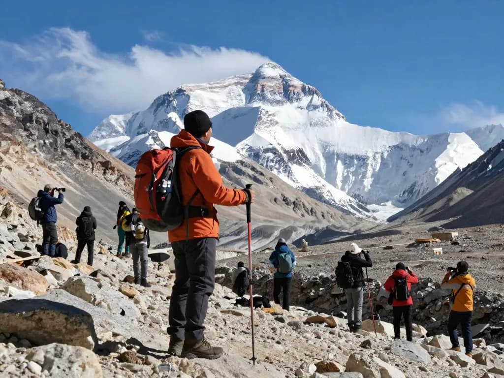 Traveler experiencing the Everest Base Camp trek, breathtaking mountain backdrop and adventure.