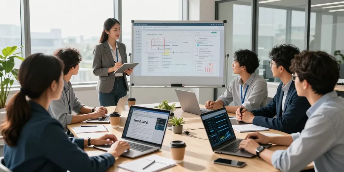 A diverse team collaborating in a modern office while discussing NAGA2000 software metrics and strategies.