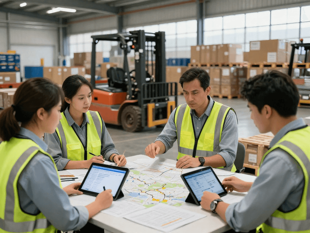 Lagerlogistik Dortmund – Team bei der Planung internationaler Transporte in einem modernen Lagerhaus.