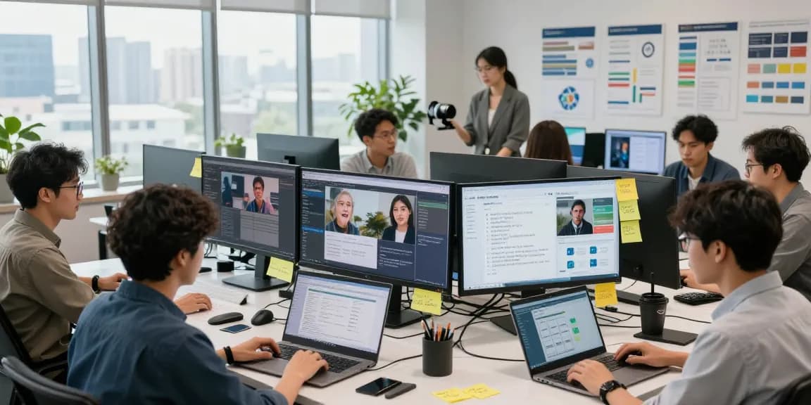AI image detector team analysing content moderation data in a modern office setting.