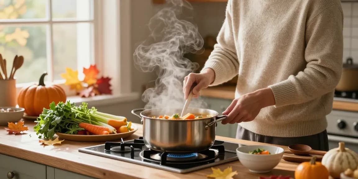 Suppe kaufen: Gemütliche Küchenszene mit frischen Zutaten für hausgemachte Suppen, die eine warme Herbstatmosphäre schaffen.