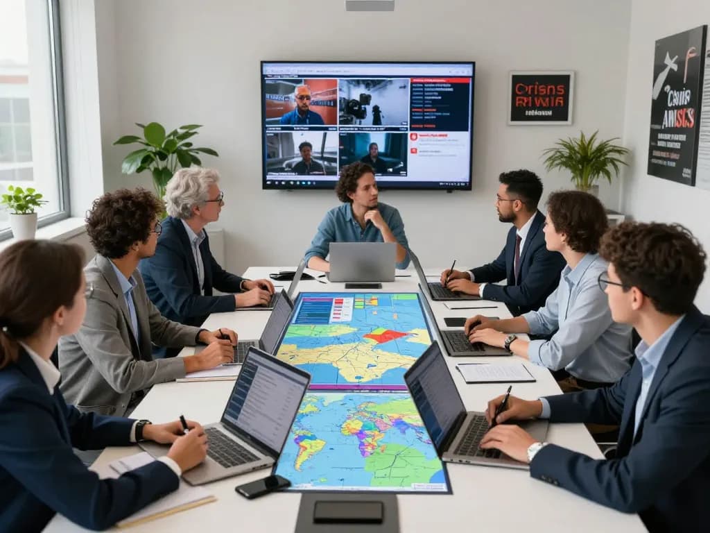 International Crisis Watch meeting with diverse analysts discussing global conflicts in a modern office.