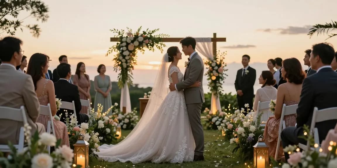 Bridal styling in un elegante scenario di matrimonio all'aperto con coppia felice
