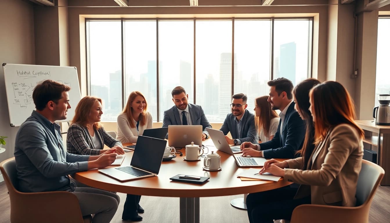 Interaktives Meeting bei https://alvionz.de/ mit vielfältigem Team in modernem Büro.