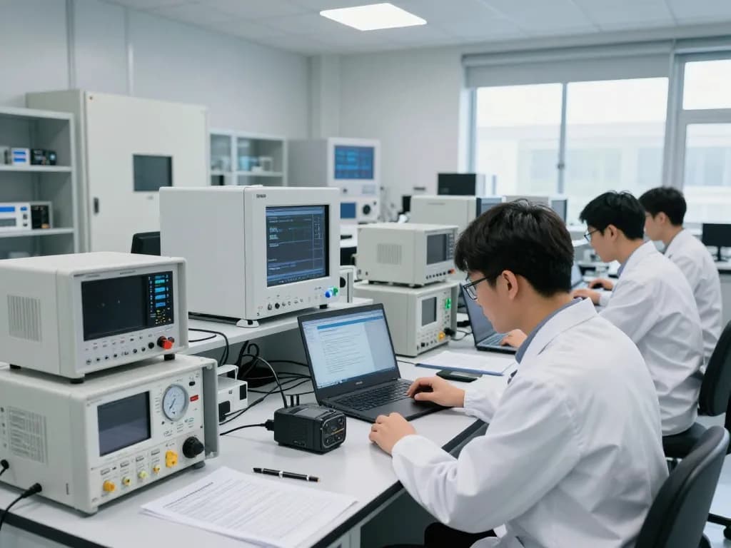 Engineers collaborating on EMC compliance tests for global market access in a high-tech lab.