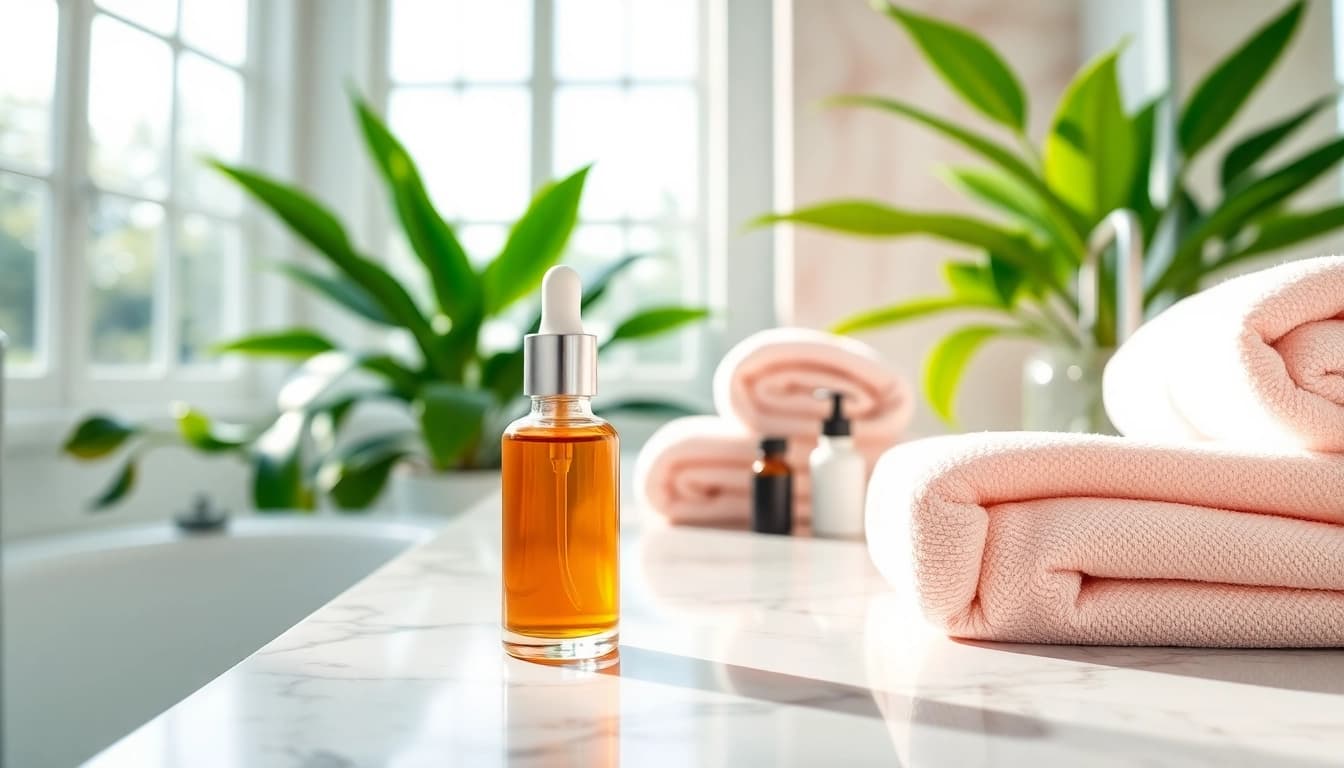 Apply astaxanthin for anti aging in a beautifully arranged skincare routine on a marble countertop.