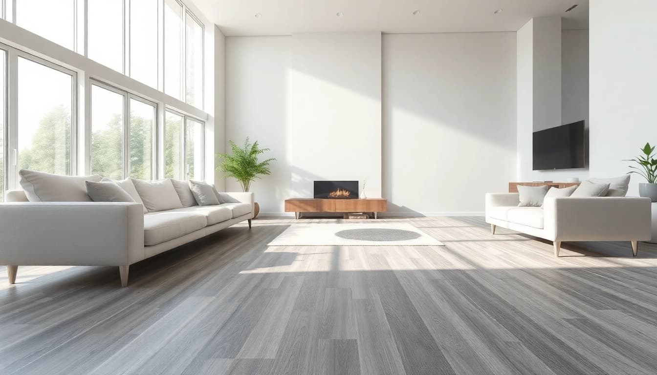 Stunning grey vinyl flooring enhances a modern living room's elegance and warmth.