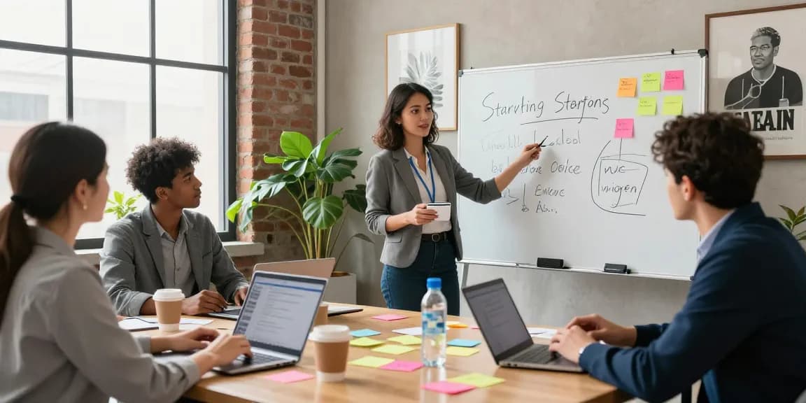 Team collaborating to promote your servises startups in a vibrant co-working space, showcasing diversity and professional energy.