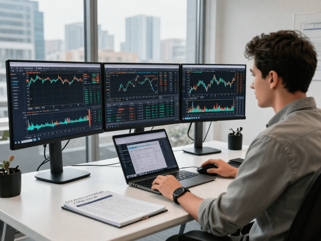 Trader using metatrader 5 in a modern office, analyzing charts and market trends.
