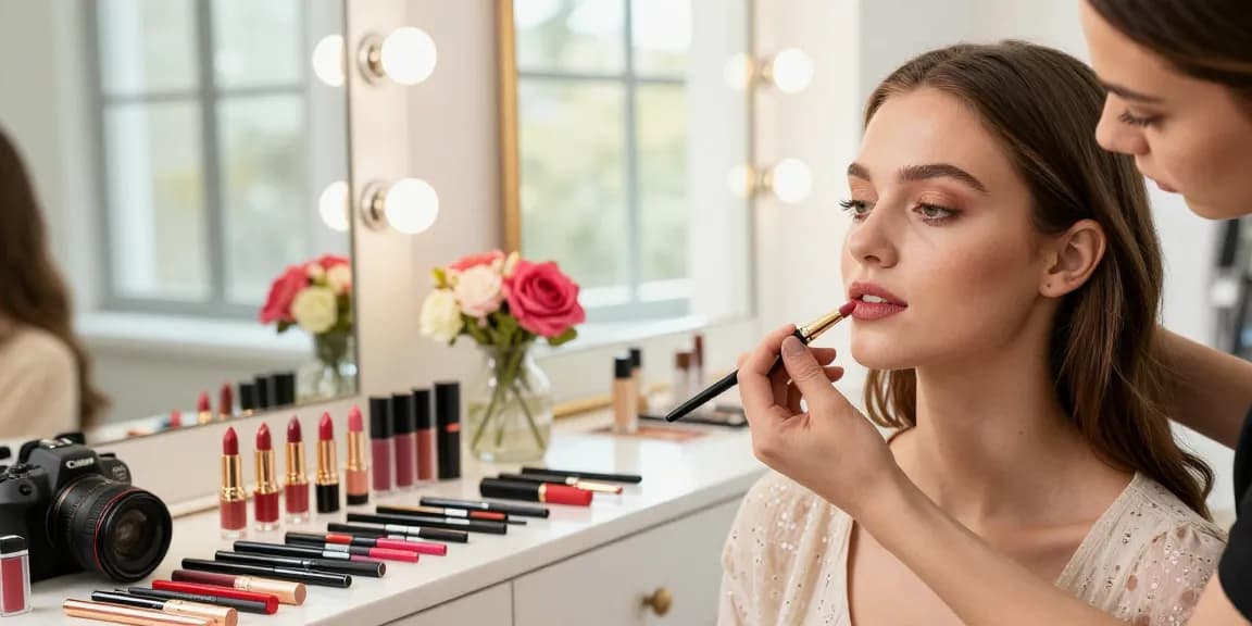 Model receiving lip makeup application with a lip blending brush in a bright beauty studio.