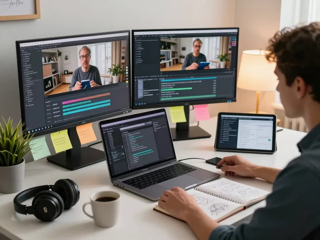 Designer using a video to prompt tool in a creative workspace, analyzing clips and generating AI prompts.