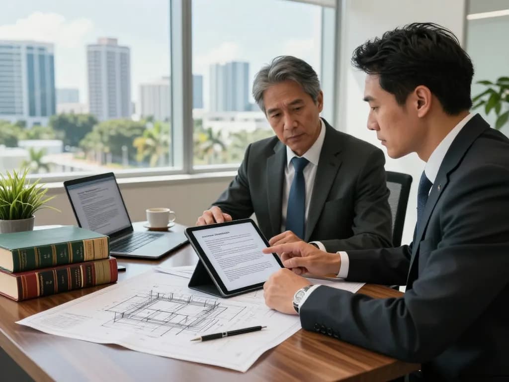 Boca Raton Construction Litigation Lawyer discussing contract details with a contractor in a professional office.