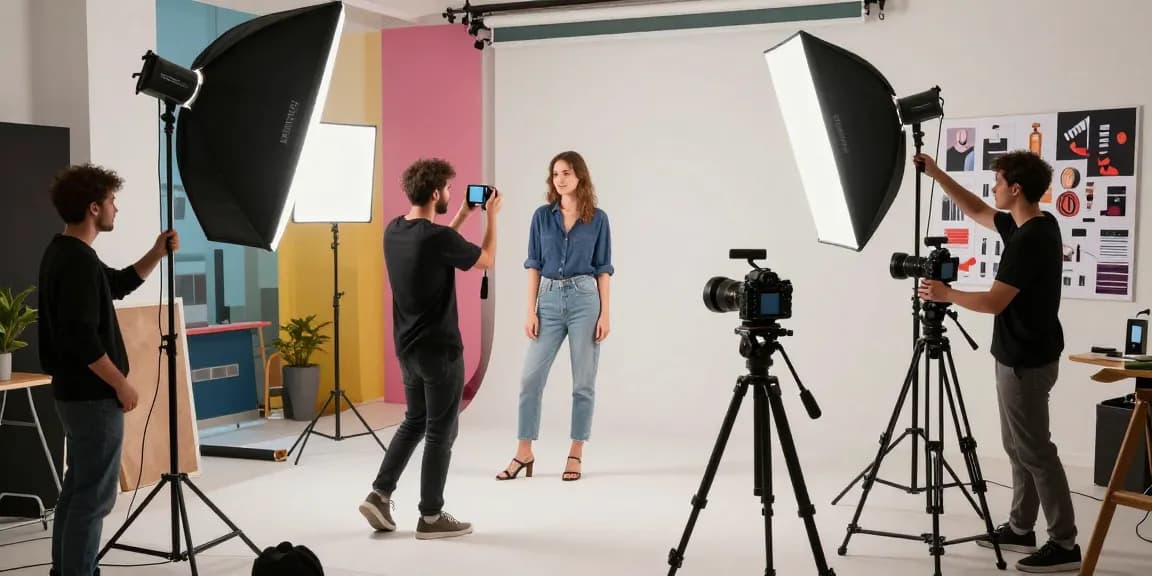 Photographe publicitaire à Milan en train de diriger un shooting avec un modèle, éclairage professionnel et ambiance créative.