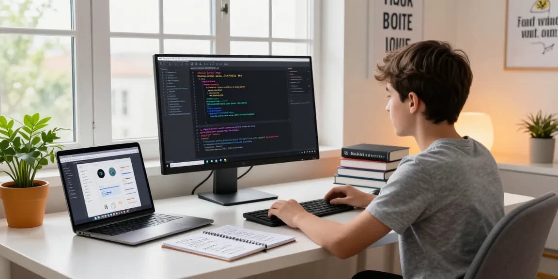 Engaged beginner working on React Redux projects for beginners in a modern coding workspace.