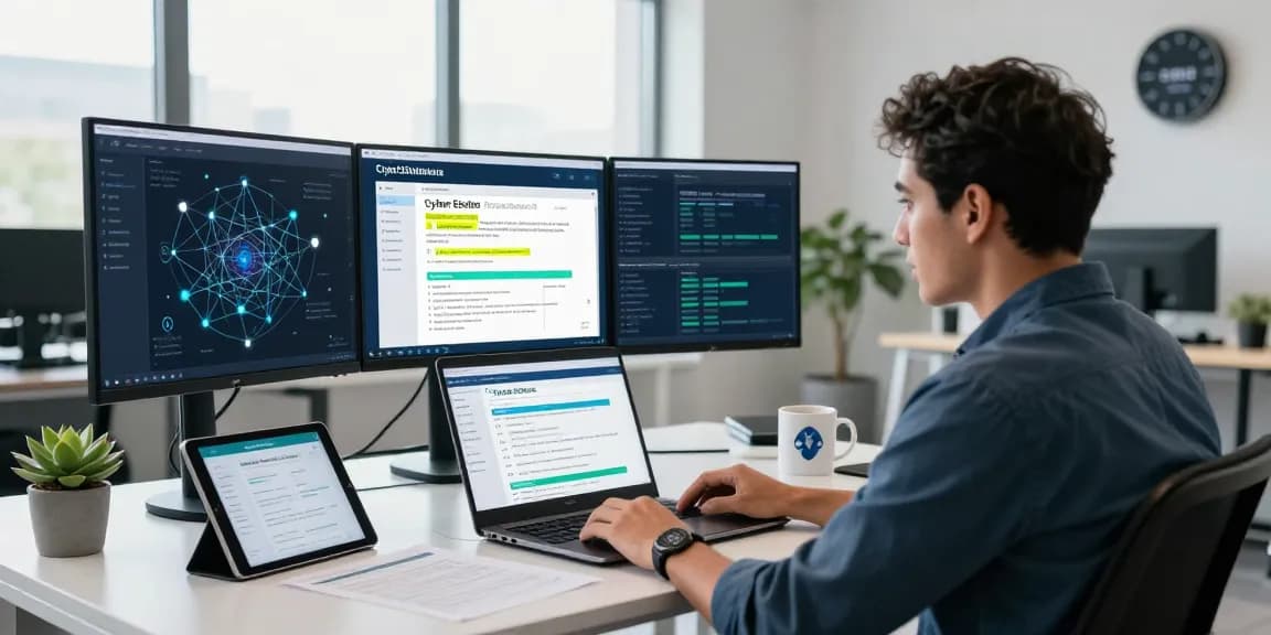 IT professional reviewing the cyber essentials questionnaire in a modern cybersecurity workspace.