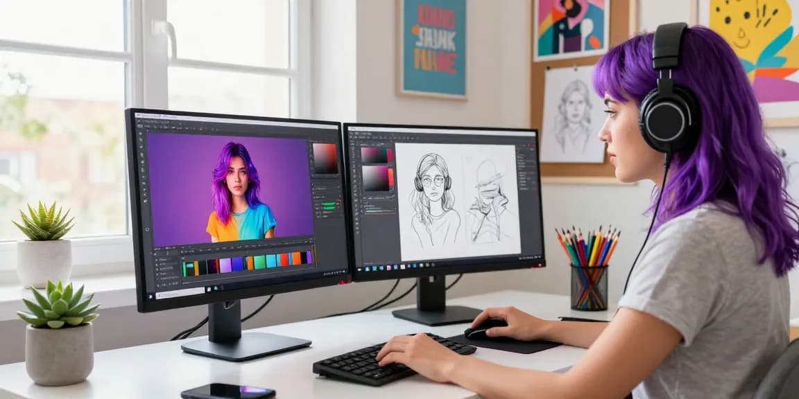Digital artist using nano banana pro for creative image editing in a vibrant workspace.