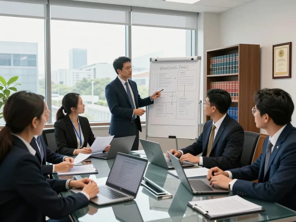 Diverse team of USA lawyers collaborating in a modern conference room, discussing a complex case with diagrams on a whiteboard.