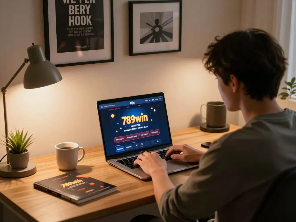 Engaging online gaming session showing 789win link mới, player focused on laptop for casino gaming.