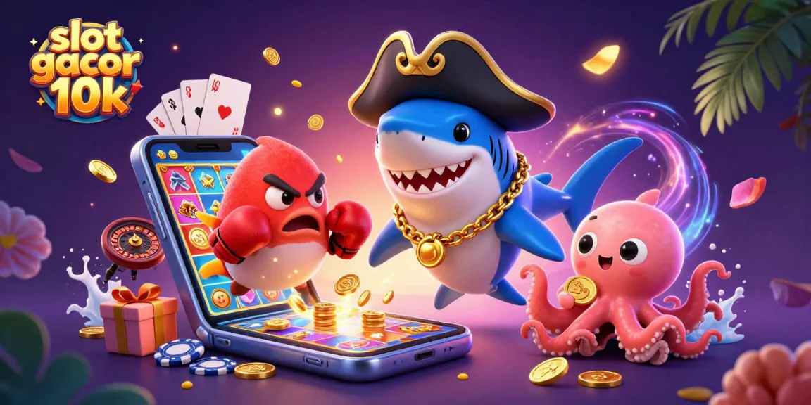 Engage in slot gacor 10k action with a pirate shark, pufferfish, and octopus in a colorful 3D casino scene.