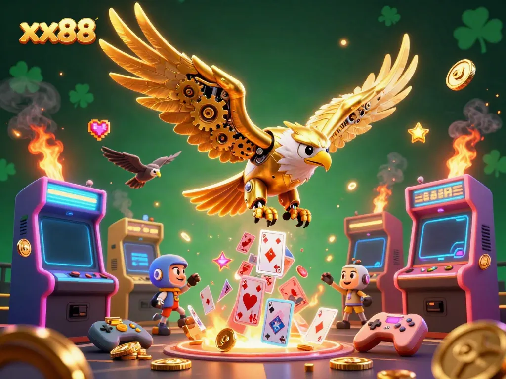 Experience thrilling play with xx88, featuring a golden eagle in a vibrant casino scene.