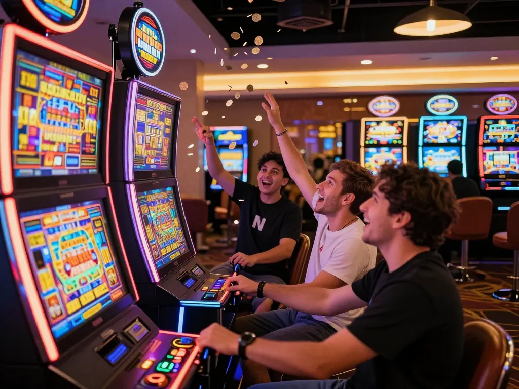 Engage with link slot machines in a vibrant casino setting, celebrating wins with excitement