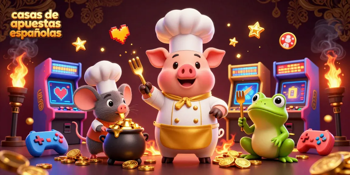 Aposte en las casas de apuestas españolas mientras un cerdo chef presenta monedas doradas como si fueran gourmet.