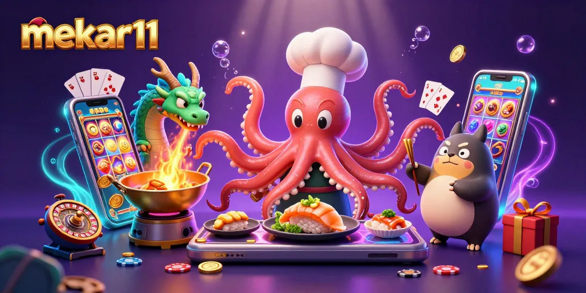 Experience the excitement of mekar11 with a vibrant 3D scene showcasing a sushi chef octopus and gaming elements.
