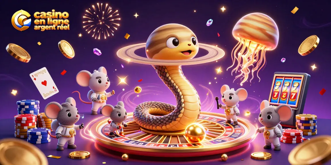 Casino en ligne argent réel : illustration dynamique avec un serpent de Saturne et des astronautes misant.