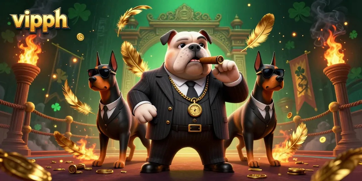 Engage in thrilling vipph gaming with a cartoon mafia boss and Doberman bodyguards in a dynamic 3D scene.