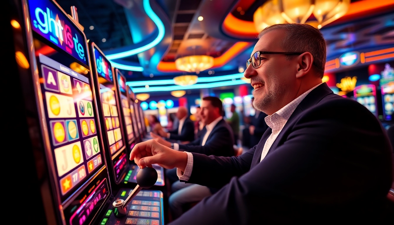 Engaged player enjoying Online slots Uk at a modern casino with vibrant lighting.