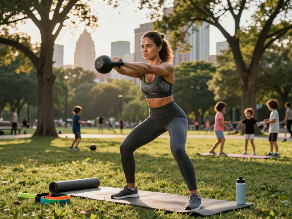 Athletic woman using a kettlebell during outdoor workout bro138 in urban park during golden hour.