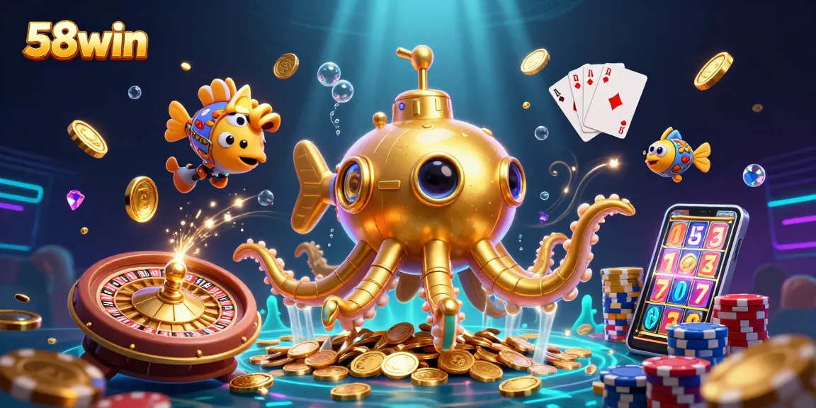 Experience the vibrant 58win casino with a kraken submarine and cascading coins in this 3D digital art.