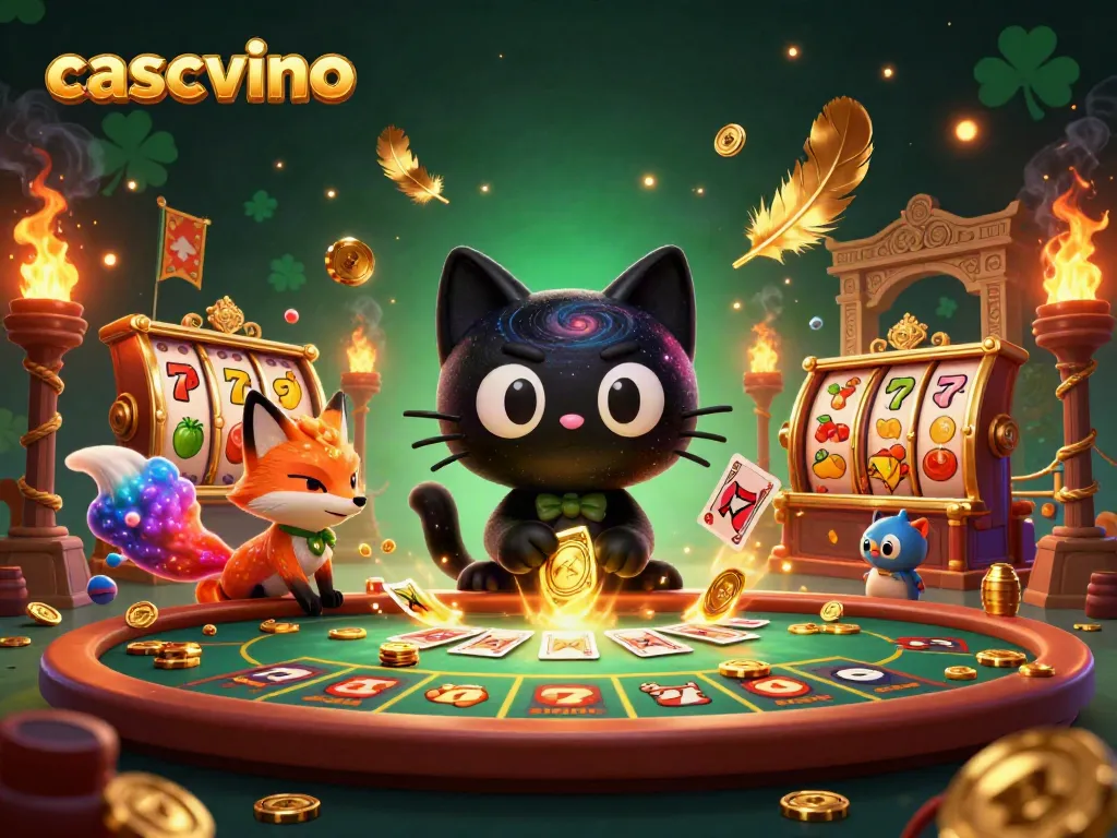Experience the excitement of Casvvino casino with a cosmic-themed gaming illustration featuring a black hole cat and a nebula fox.