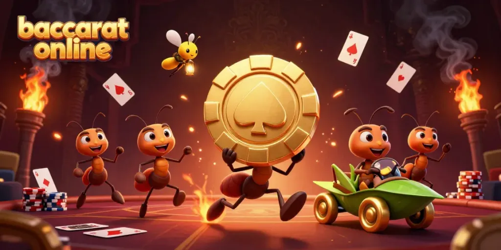 Engage in baccarat online excitement with playful ants on a heist carrying a giant chip.