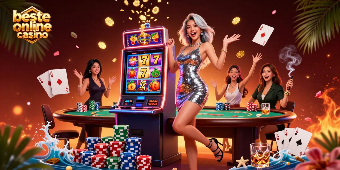 Winning at the beste online casino, Asian woman celebrates jackpot with vibrant casino elements.
