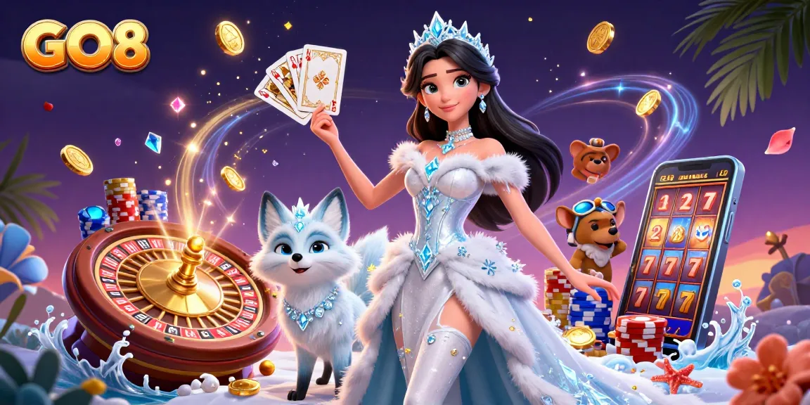 Engage with GO8 to spin the reels on a festive slot scene enhanced by golden coins and playful characters.