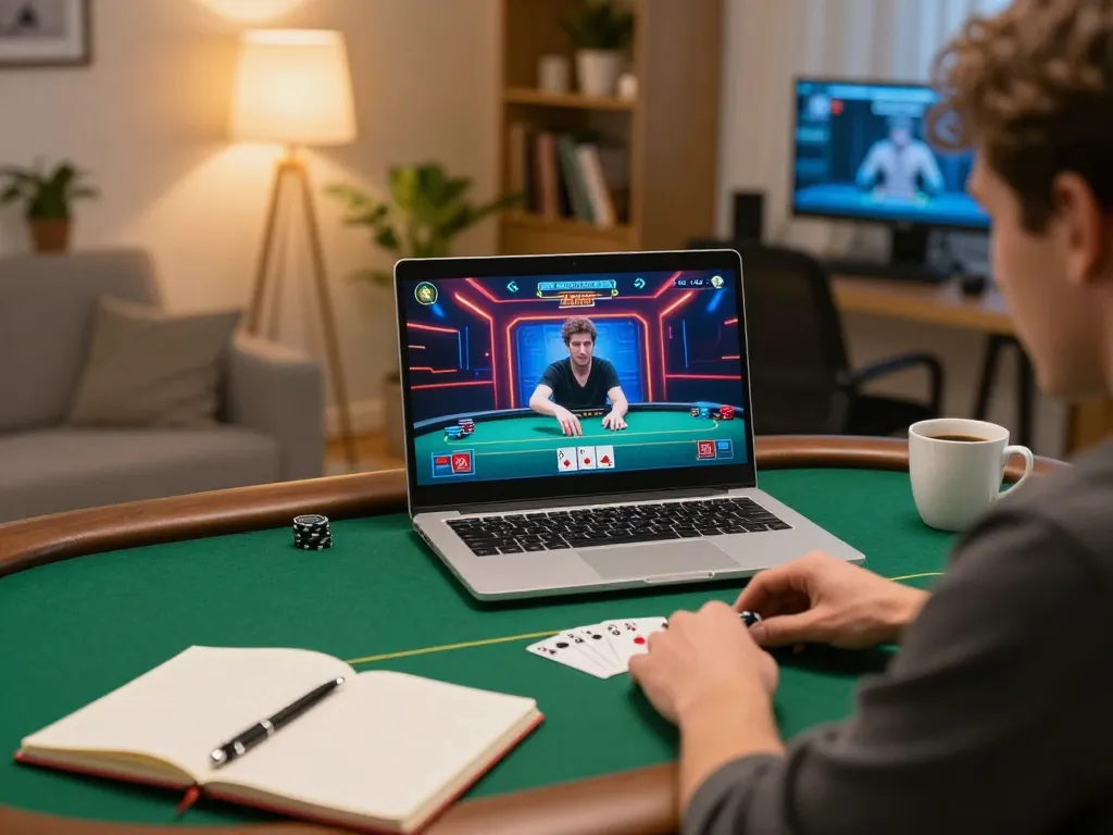Player enjoying online poker on laptop, showcasing thabet strategies in a cozy home setting.