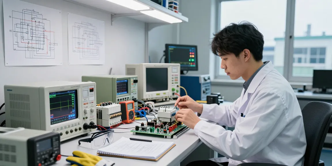 Testing a DC circuit breaker in a high-tech electronics lab with engineers and equipment.