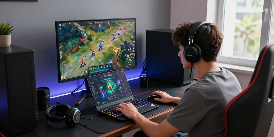 Pengalaman bermain di website BATIK88 dengan gamer di depan laptop, aksesori gaming, dan cahaya ambient yang energik.
