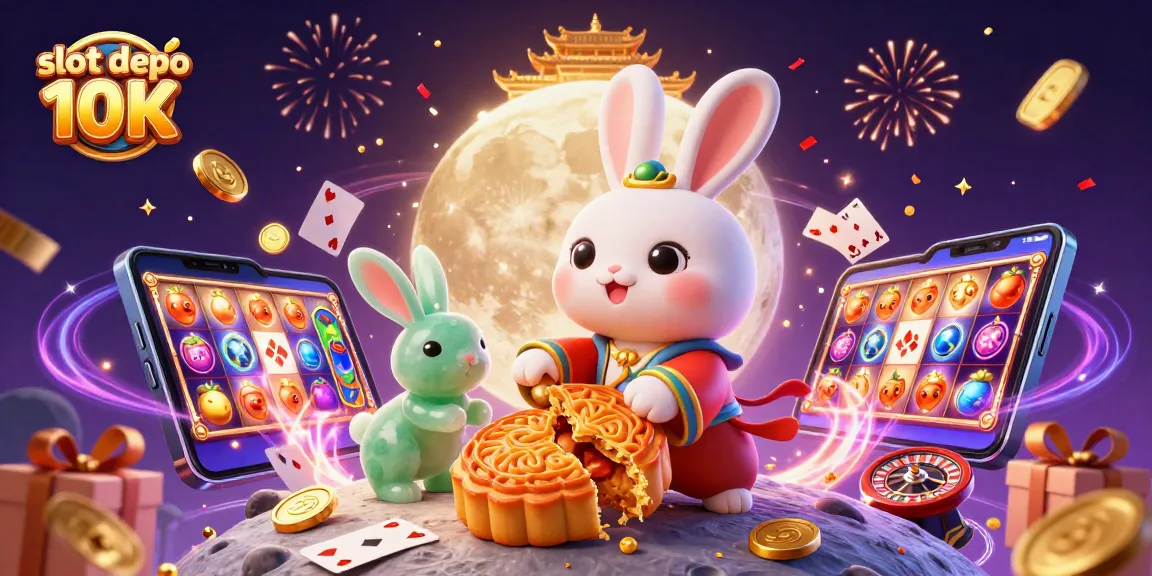 Engage in thrilling gameplay with slot depo 10K, where a moon rabbit reveals poker chips among flying slot game elements.