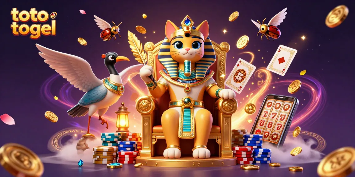 Toto togel action with pharaoh cat and gemstone wings, vibrant gaming scene.