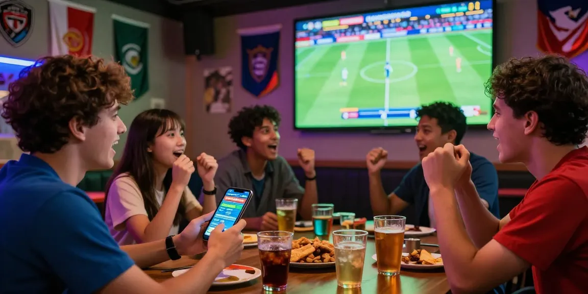 Dynamic atmosphere at a football betting lounge, friends engaging with keobongdahomnay betting odds during the game.