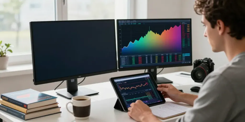 Trader using TradingView in a modern home office, analyzing market charts and data.