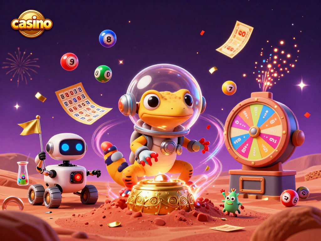 Martian gecko explores a golden casino on Mars, surrounded by vibrant game elements and confetti.
