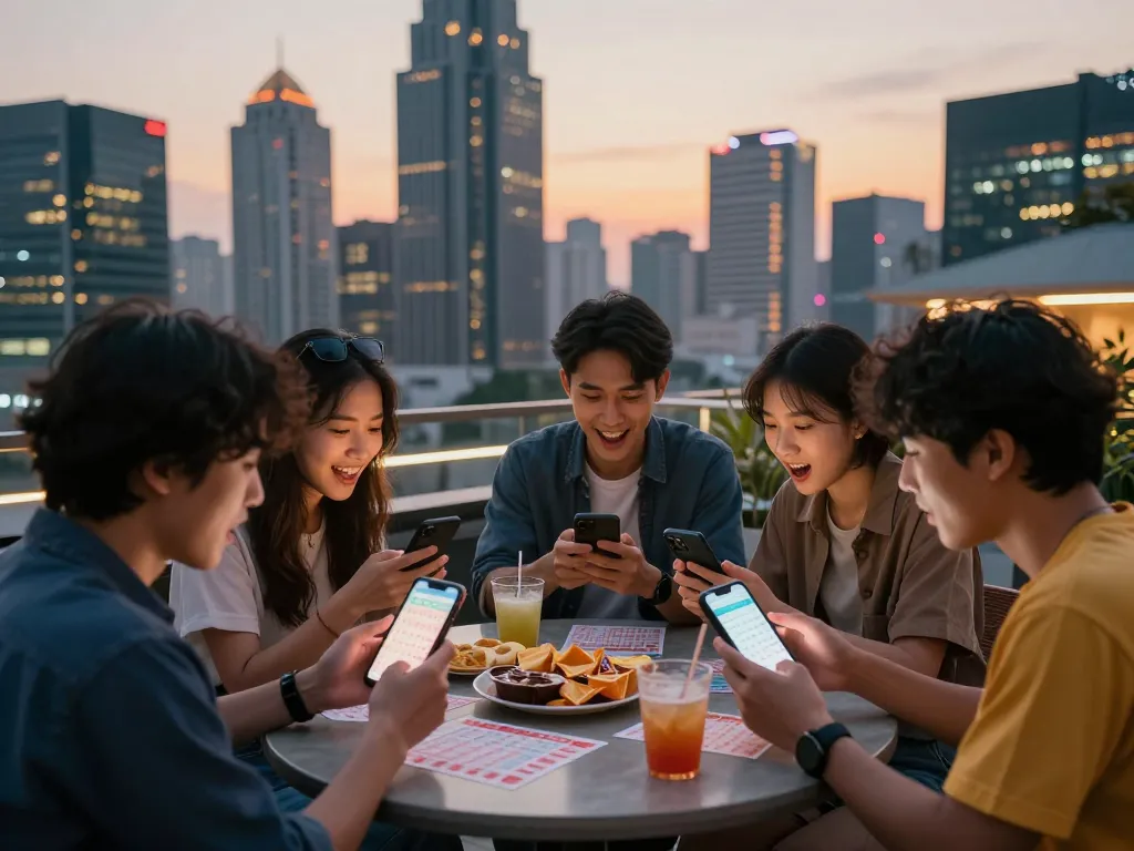 Togel Hongkong enthusiasts sharing strategies at an urban rooftop with city skyline in the background.