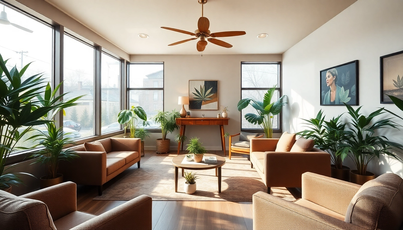 Relaxing CBD Club Near me Madrid interior featuring comfortable seating and greenery.